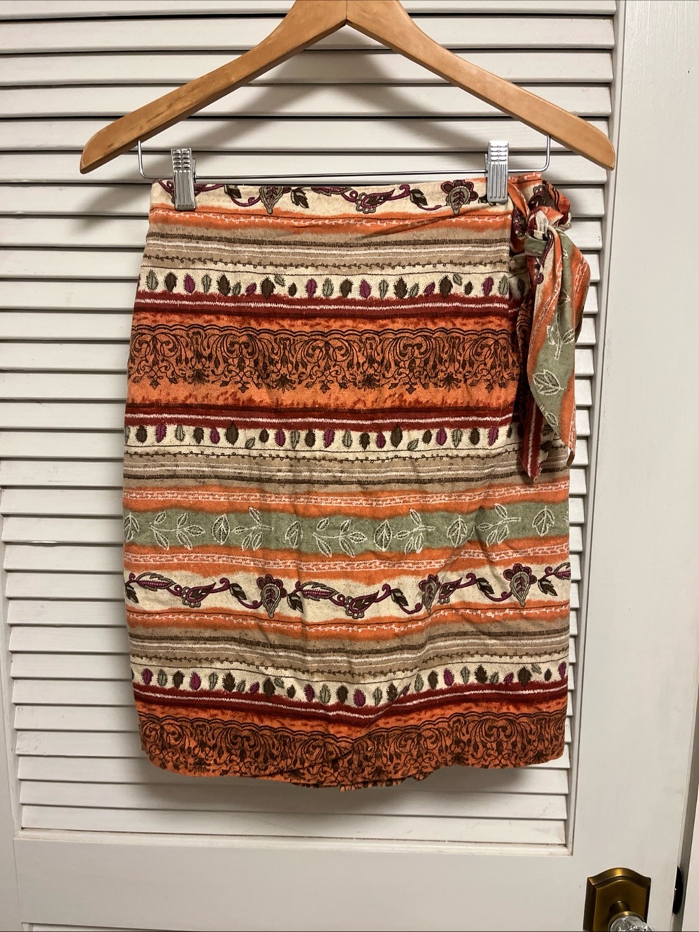 Vintage Boho Wrap 100% Silk Mini Skirt in Burnt Orange and Olive
